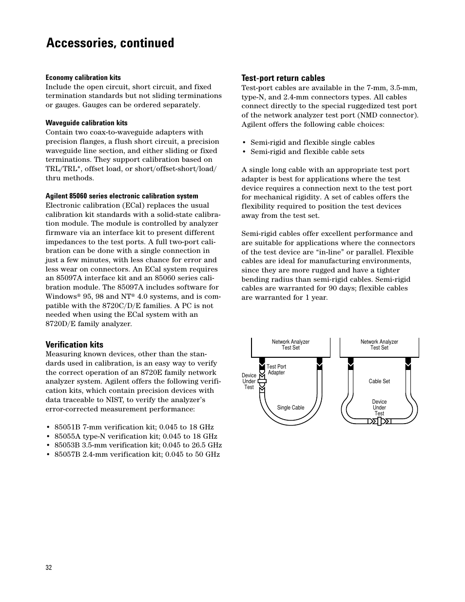 Accessories, continued, Verification kits, Test-port return cables | Atec Agilent-8722ES User Manual | Page 28 / 32