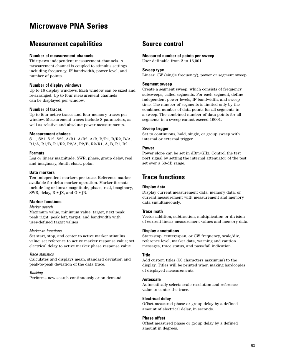 Microwave pna series, Measurement capabilities, Source control | Trace functions | Atec Agilent-E8361A User Manual | Page 53 / 64