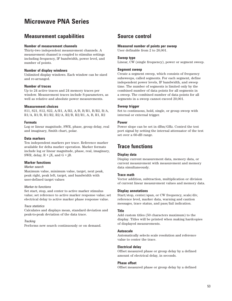 Microwave pna series, Measurement capabilities, Source control | Trace functions | Atec Agilent-E8364C User Manual | Page 53 / 64