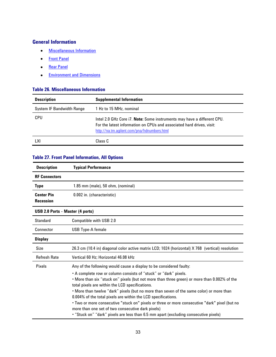 General information, Table 26. miscellaneous information, Table 27. front panel information, all options | Atec Agilent-N5227A User Manual | Page 33 / 52