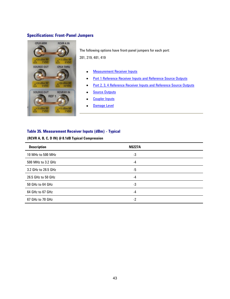 Specifications: front-panel jumpers | Atec Agilent-N5227A User Manual | Page 43 / 52