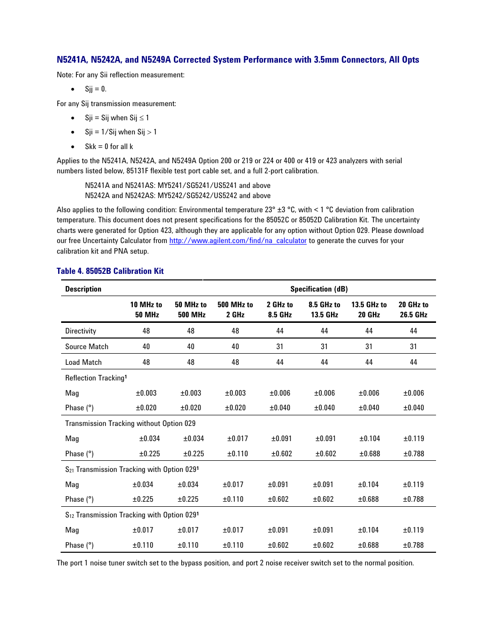 Table 4. 85052b calibration kit, The corrected system performance with cal kits | Atec Agilent-PNA-X Series User Manual | Page 12 / 60