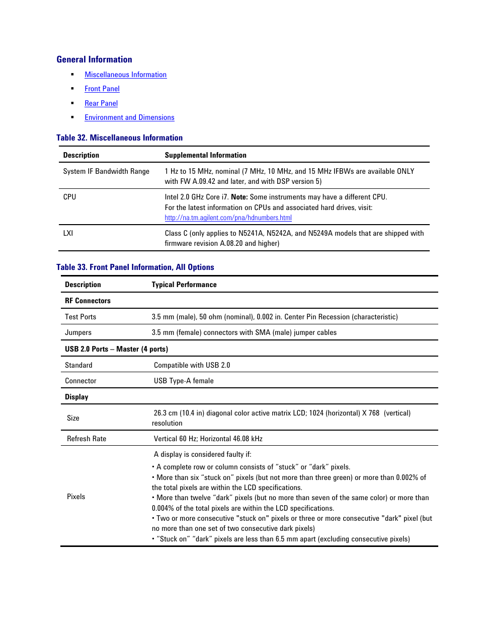 General information, Table 32. miscellaneous information, Table 33. front panel information, all options | Atec Agilent-PNA-X Series User Manual | Page 41 / 60