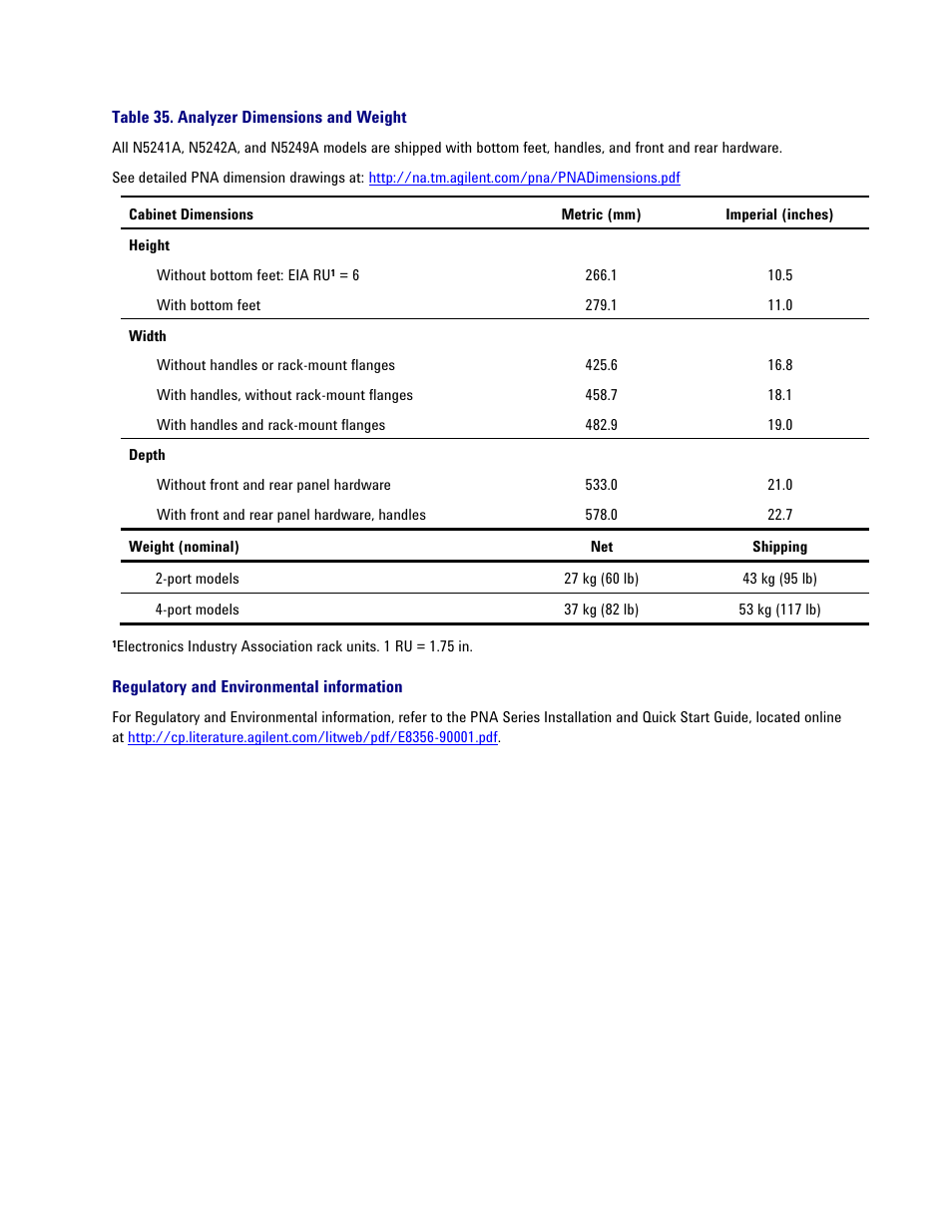 Table 35. analyzer dimensions and weight, Regulatory and environmental information, Environment and dimensions | Atec Agilent-PNA-X Series User Manual | Page 46 / 60