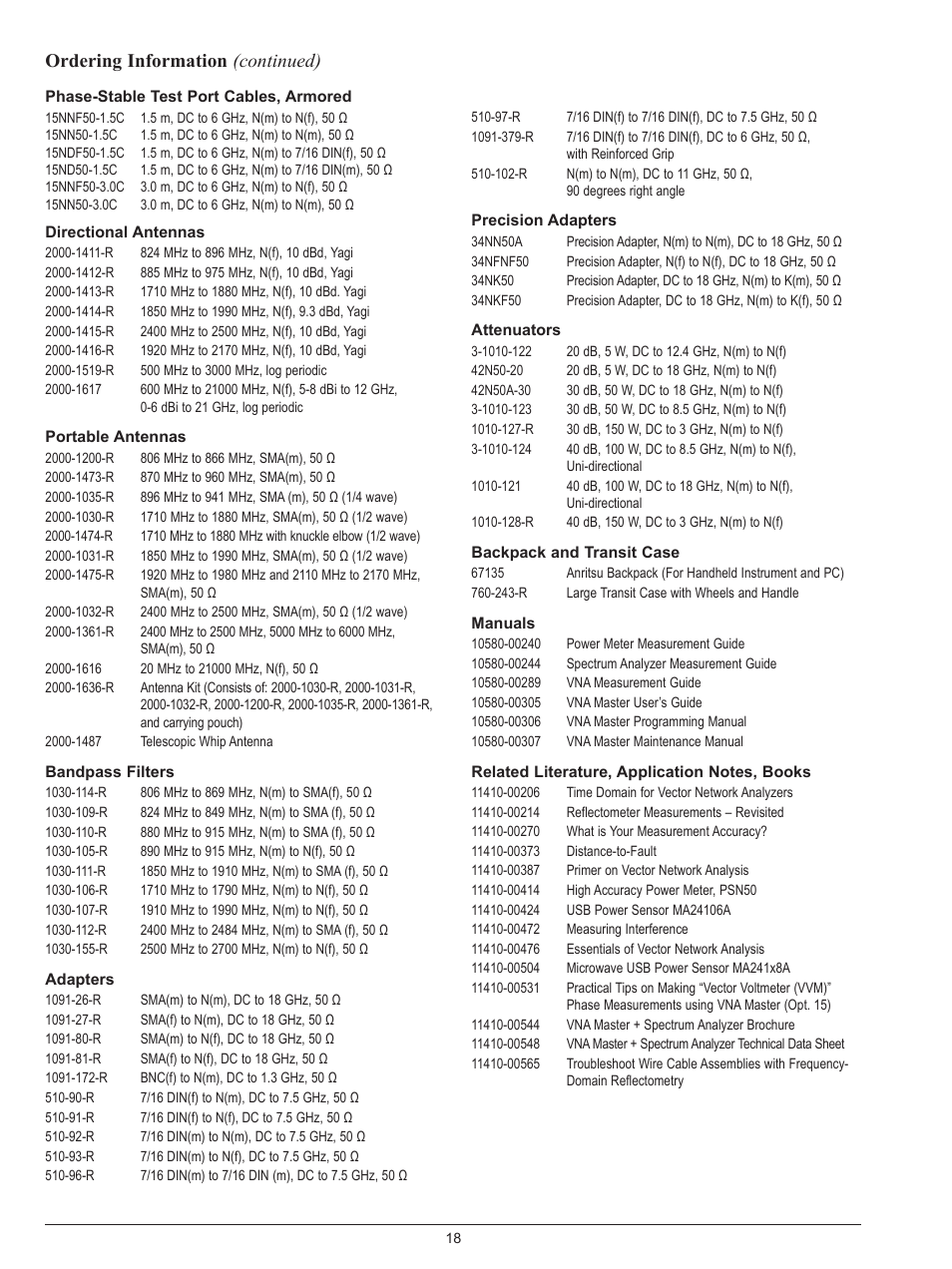 Ordering information (continued) | Atec Anritsu-VNA Series User Manual | Page 18 / 20