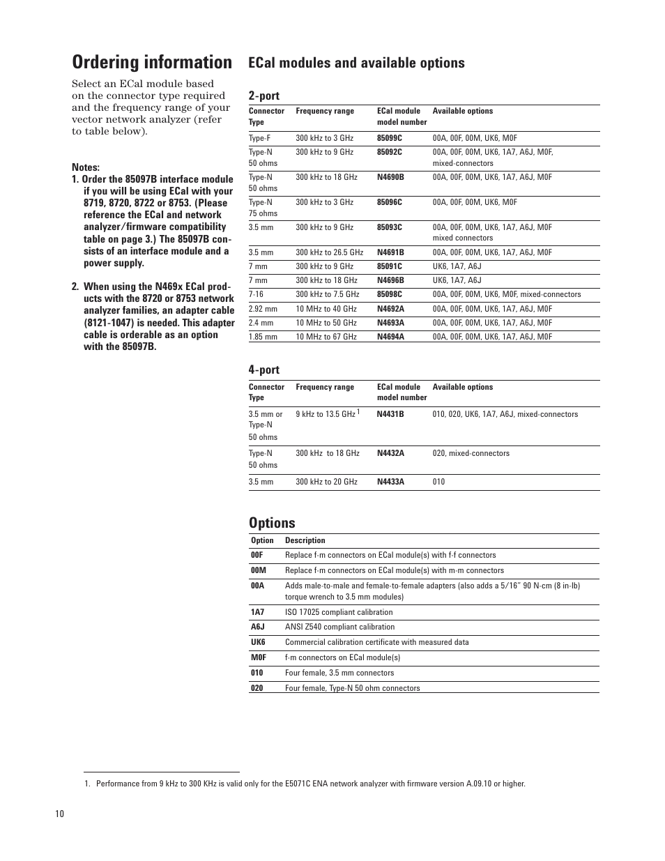 Ordering information, Options, Ecal modules and available options | Port | Atec Agilent-N4433A User Manual | Page 10 / 12