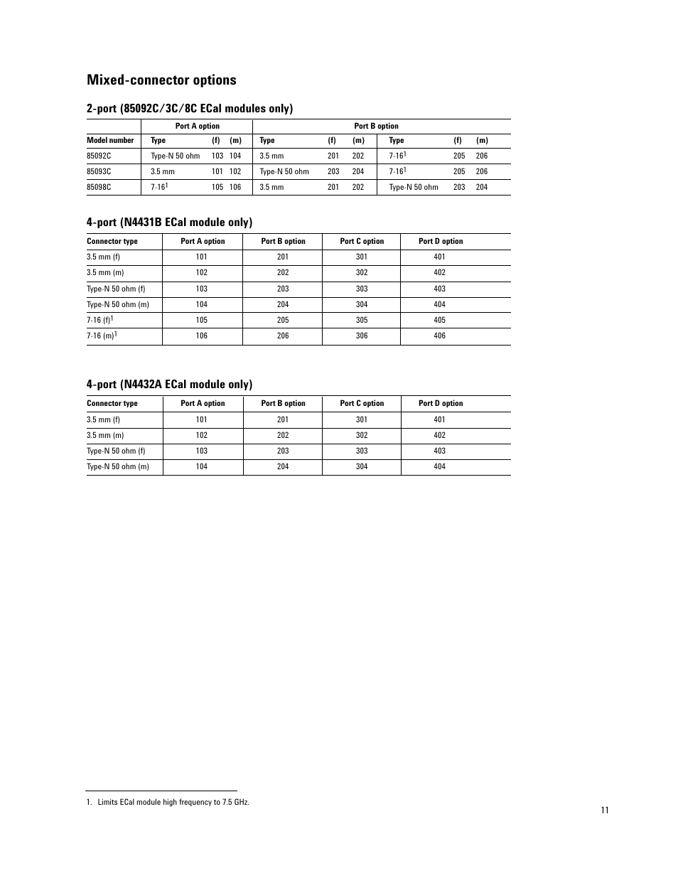 Mixed-connector options, Port (n4431b ecal module only), Port (n4432a ecal module only) | Atec Agilent-N4433A User Manual | Page 11 / 12