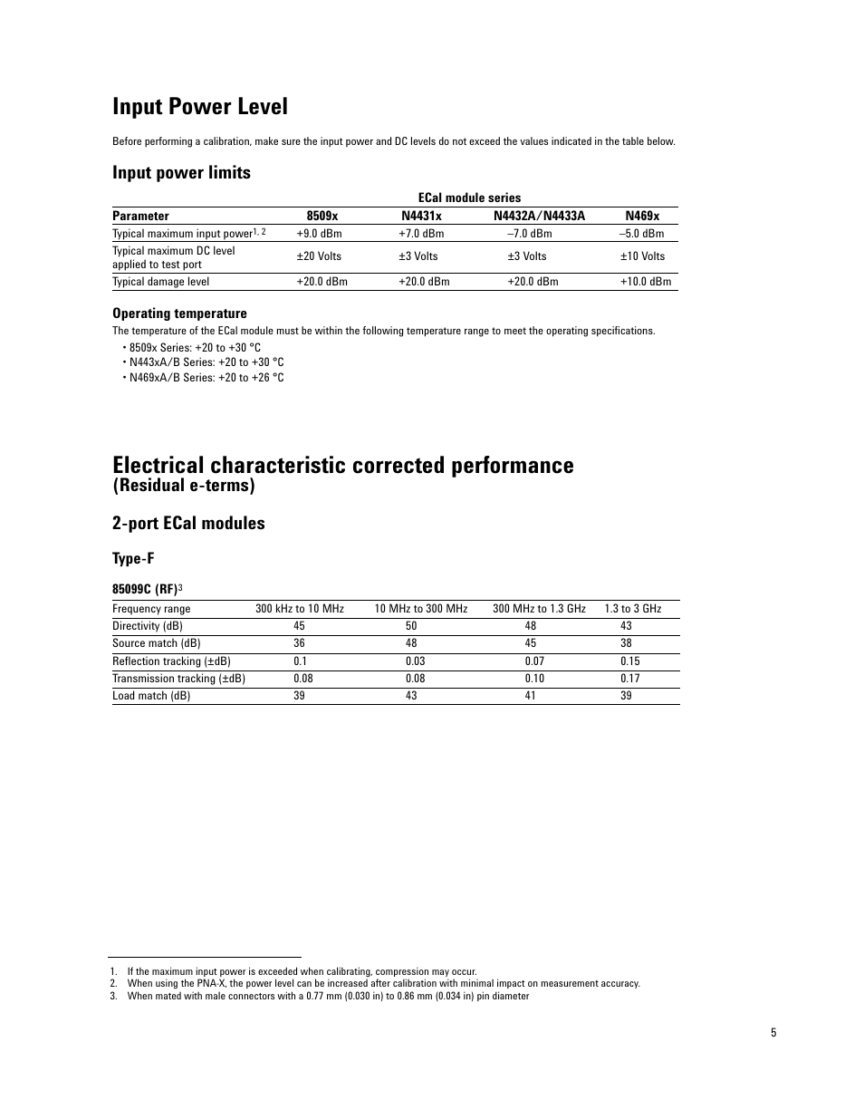 Input power level, Electrical characteristic corrected performance, Input power limits | Residual e-terms) 2-port ecal modules | Atec Agilent-N4433A User Manual | Page 5 / 12