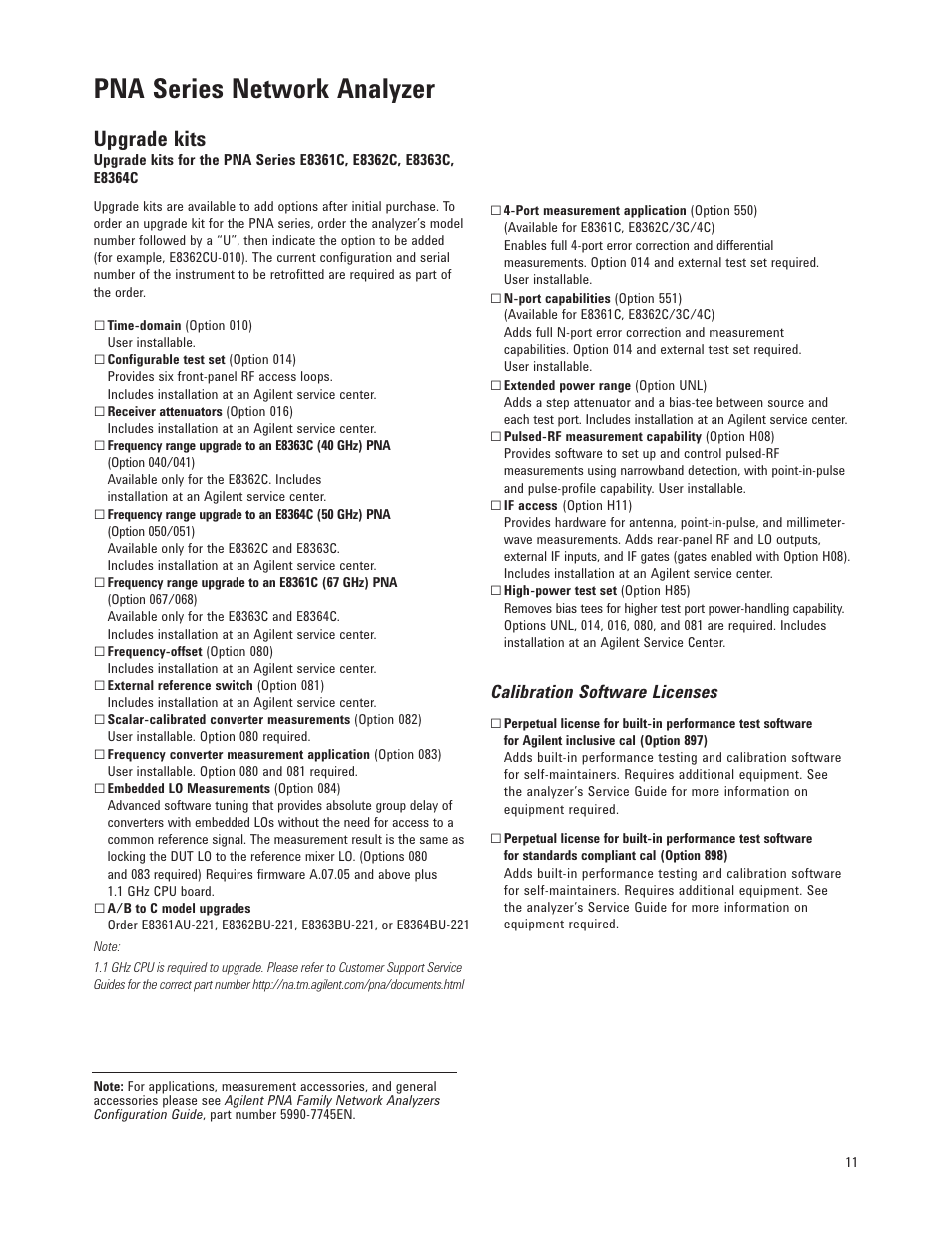 Pna series network analyzer, Upgrade kits | Atec Agilent-E8362C User Manual | Page 11 / 12