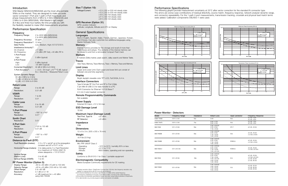 Performance specifications, Introduction, Performance specification | General specifications, Power monitor - detectors, Frequency, Return loss, Vswr, Cable loss, Port phase | Atec Anritsu-MS2026A User Manual | Page 2 / 4