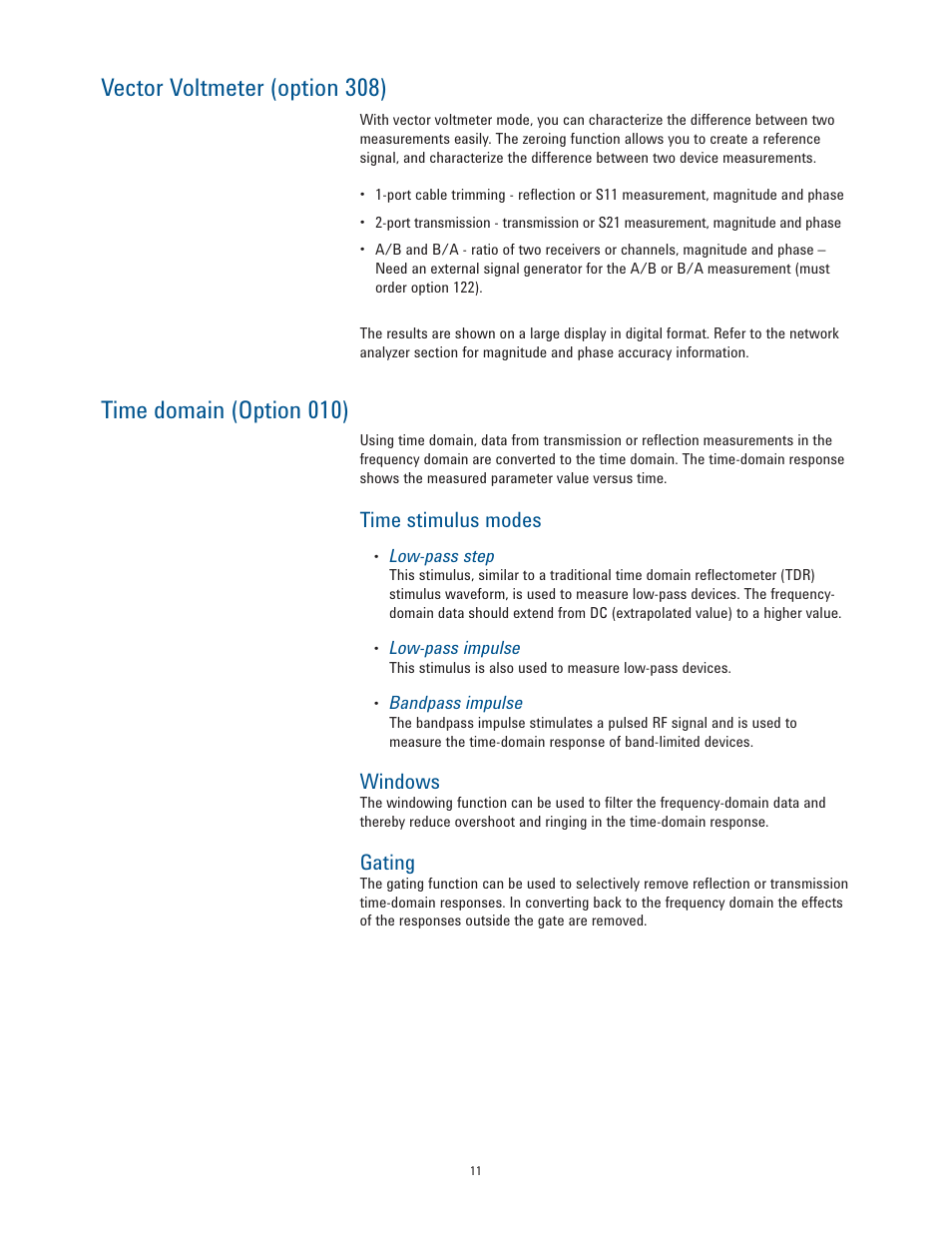 Vector voltmeter (option 308), Time domain (option 010), Time stimulus modes | Windows, Gating | Atec Agilent-N9923A User Manual | Page 11 / 17