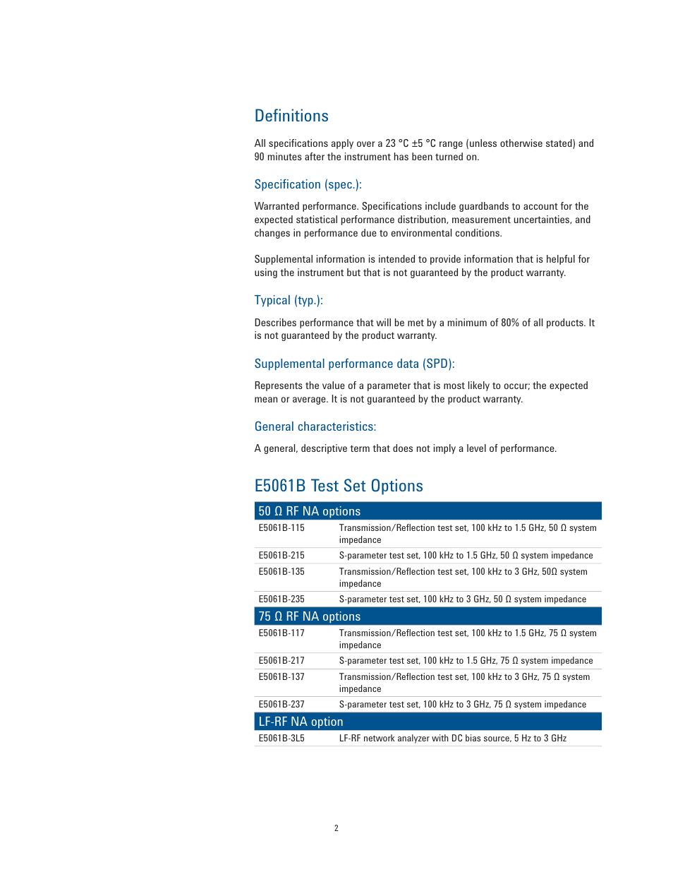 Deﬁ nitions, E5061b test set options | Atec Agilent-E5061B User Manual | Page 2 / 35