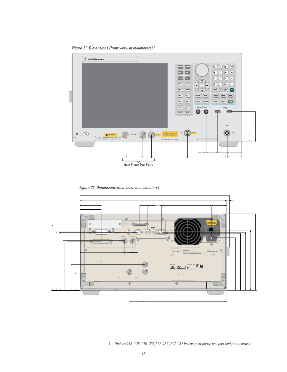 Figure 21. dimensions (front view, in millimeters), Figure 22. dimensions (rear view, in millimeters), Gain-phase test ports | Atec Agilent-E5061B User Manual | Page 27 / 35