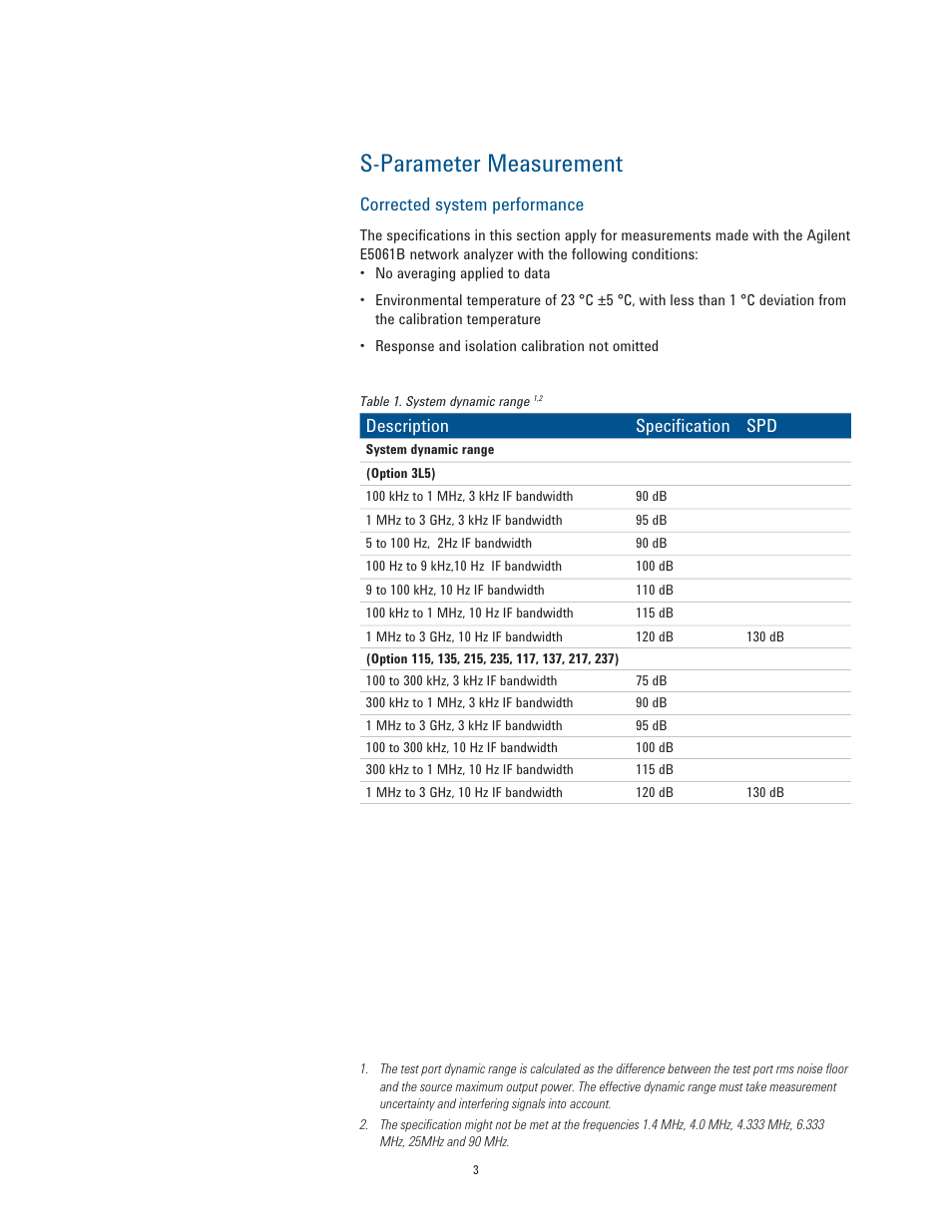 S-parameter measurement, Corrected system performance, Description specification spd | Atec Agilent-E5061B User Manual | Page 3 / 35