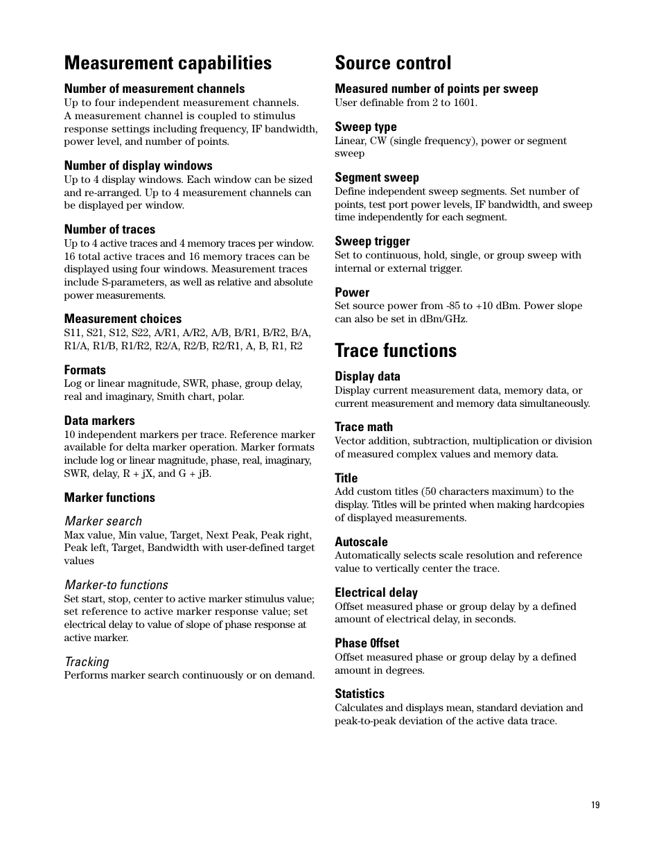 Measurement capabilities, Source control, Trace functions | Atec Agilent-PNA Series User Manual | Page 19 / 24