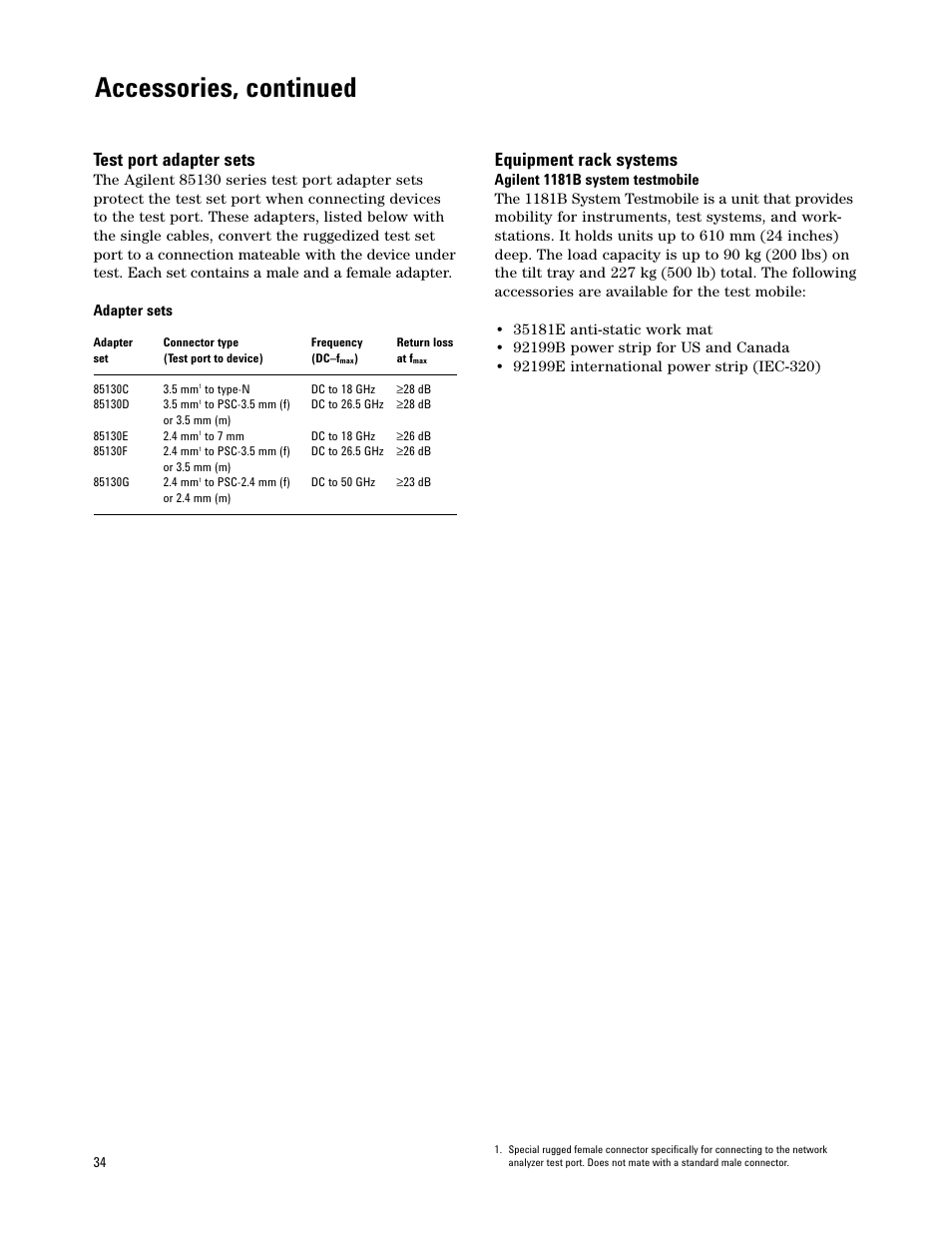 Accessories, continued, Test port adapter sets, Equipment rack systems | Atec Agilent-8719E-8720E-8722E User Manual | Page 34 / 36