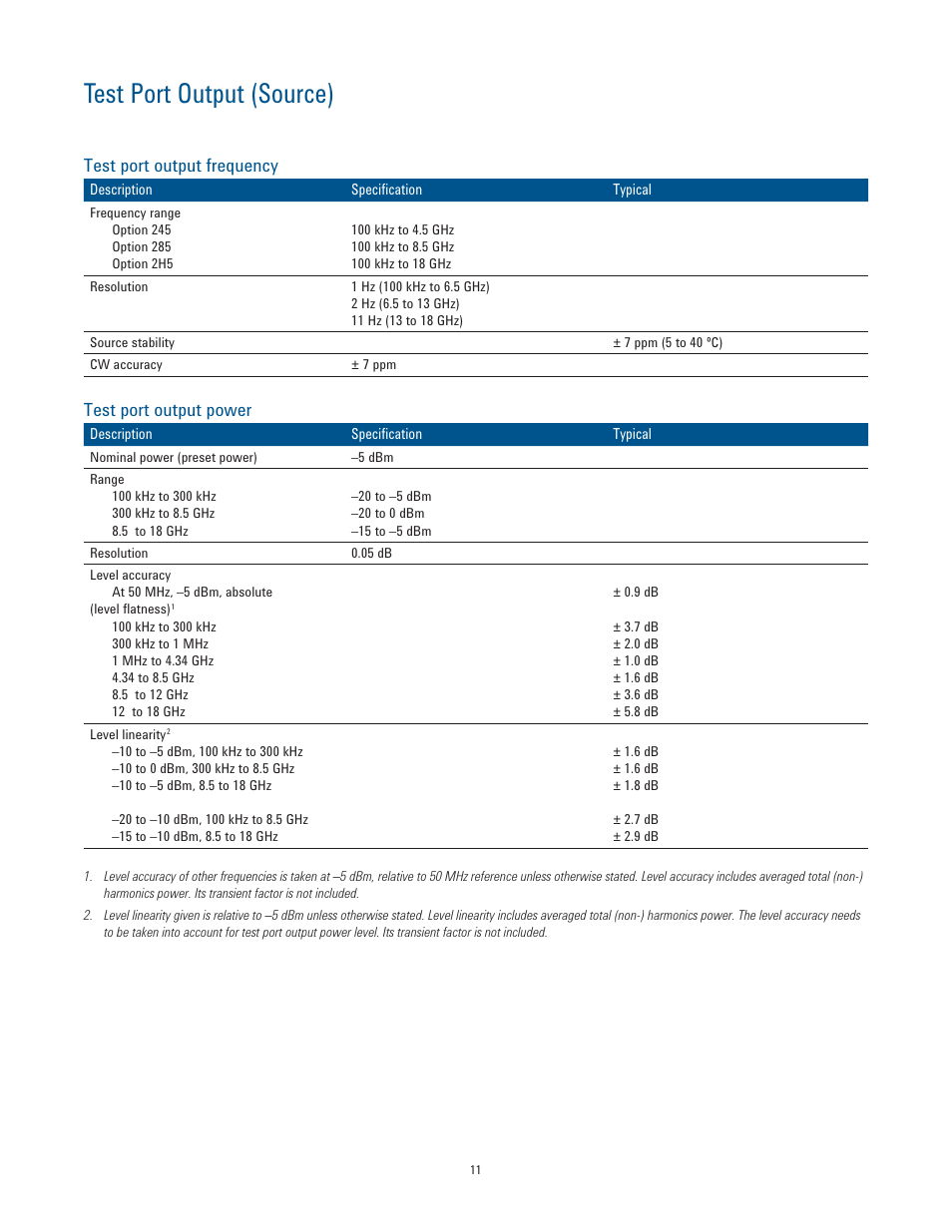 Test port output (source), Test port output frequency, Test port output power | Atec Agilent-E5063A User Manual | Page 11 / 22