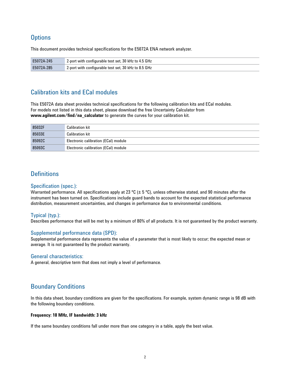 Options, Calibration kits and ecal modules, Deﬁ nitions | Boundary conditions | Atec Agilent-N5072A Series User Manual | Page 2 / 23