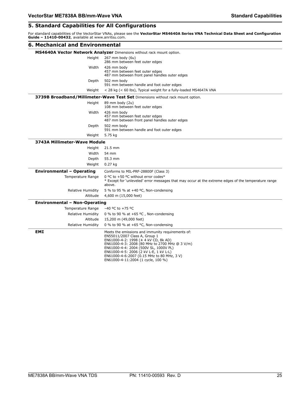 Standard capabilities for all configurations, Mechanical and environmental | Atec Anritsu-ME7838A User Manual | Page 25 / 32