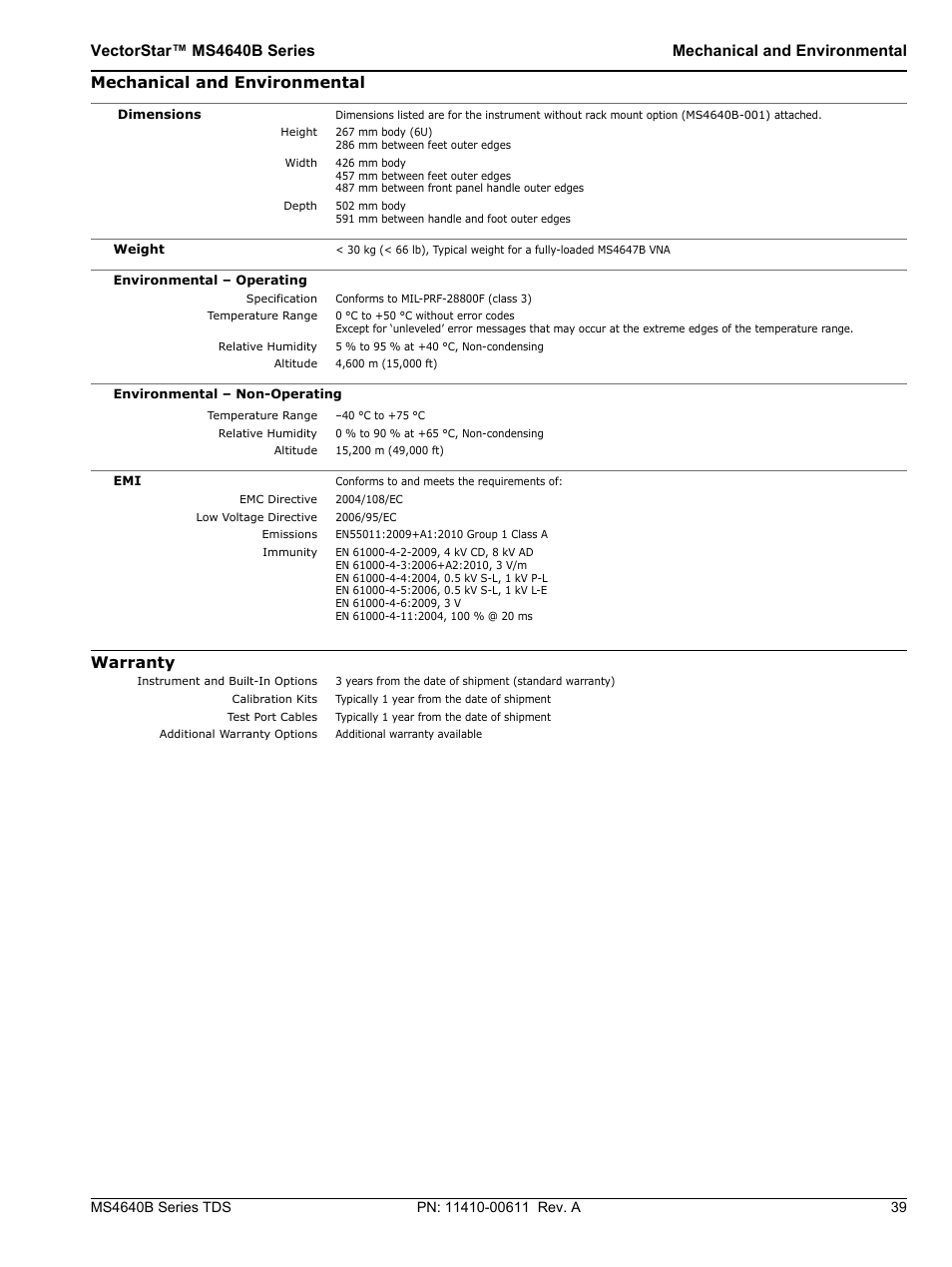 Mechanical and environmental warranty, Mechanical and environmental, Warranty | Atec Anritsu-MS4640B User Manual | Page 39 / 52