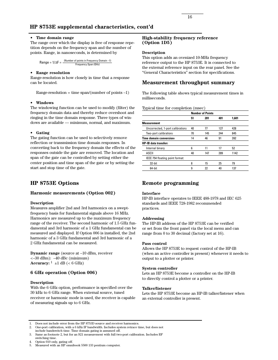 Hp 8753e options, Measurement throughput summary, Remote programming | Hp 8753e supplemental characteristics, cont’d | Atec Agilent-8753E User Manual | Page 16 / 25