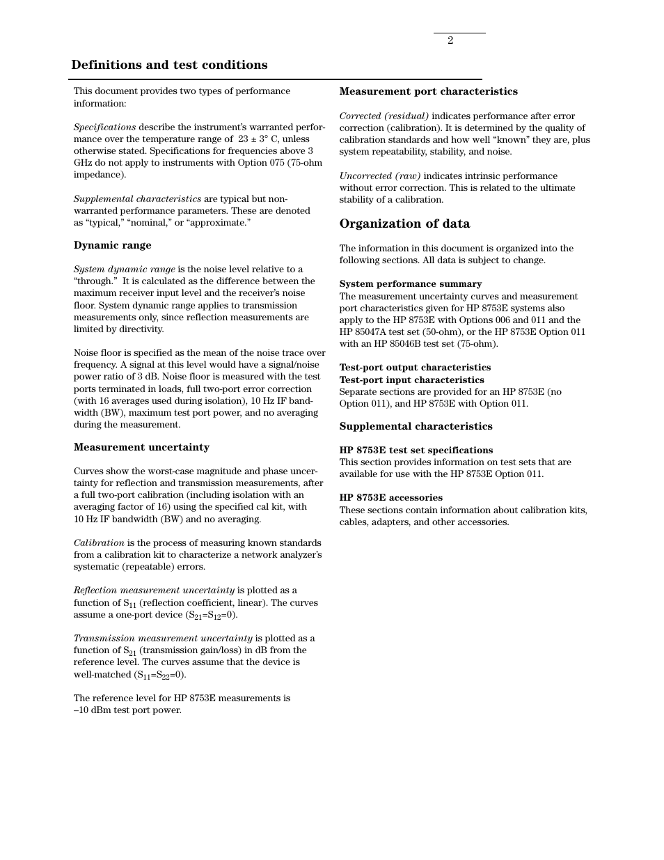 Definitions and test conditions, Organization of data | Atec Agilent-8753E User Manual | Page 2 / 25