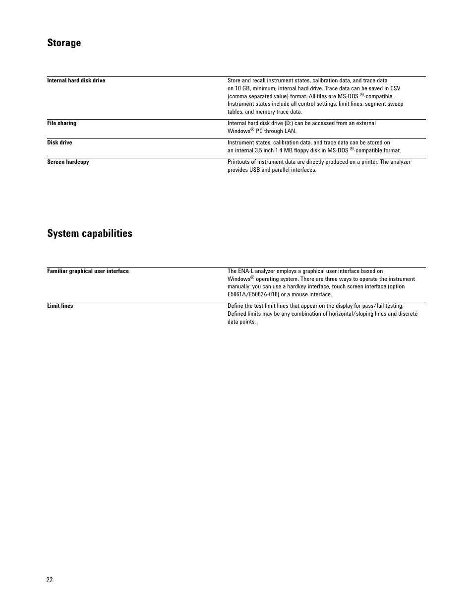 Storage system capabilities | Atec Agilent-E5062A User Manual | Page 22 / 24