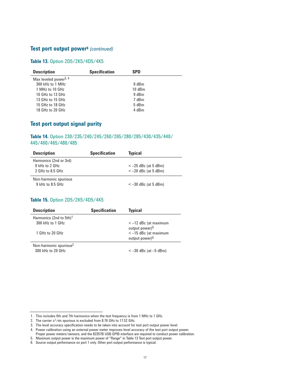 Test port output power, Test port output signal purity | Atec Agilent-E5071C User Manual | Page 17 / 60