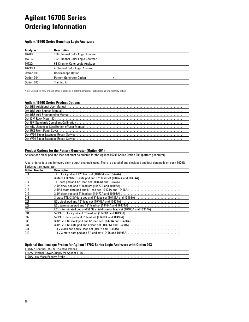 Agilent 1670g series ordering information | Atec Agilent-1670G User Manual | Page 20 / 23