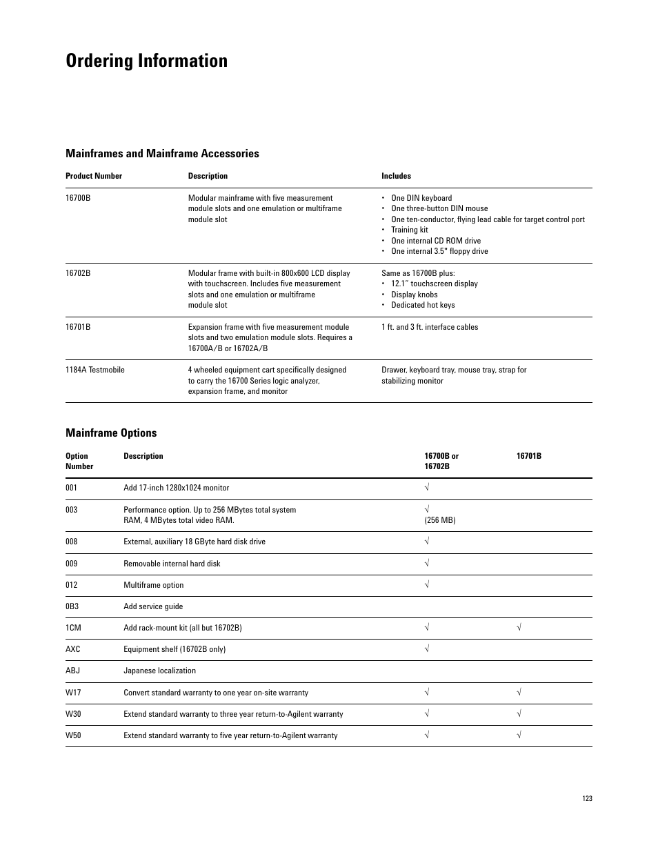 Ordering information, Mainframes and mainframe accessories, Mainframe options | Atec Agilent-16700 Series User Manual | Page 123 / 132