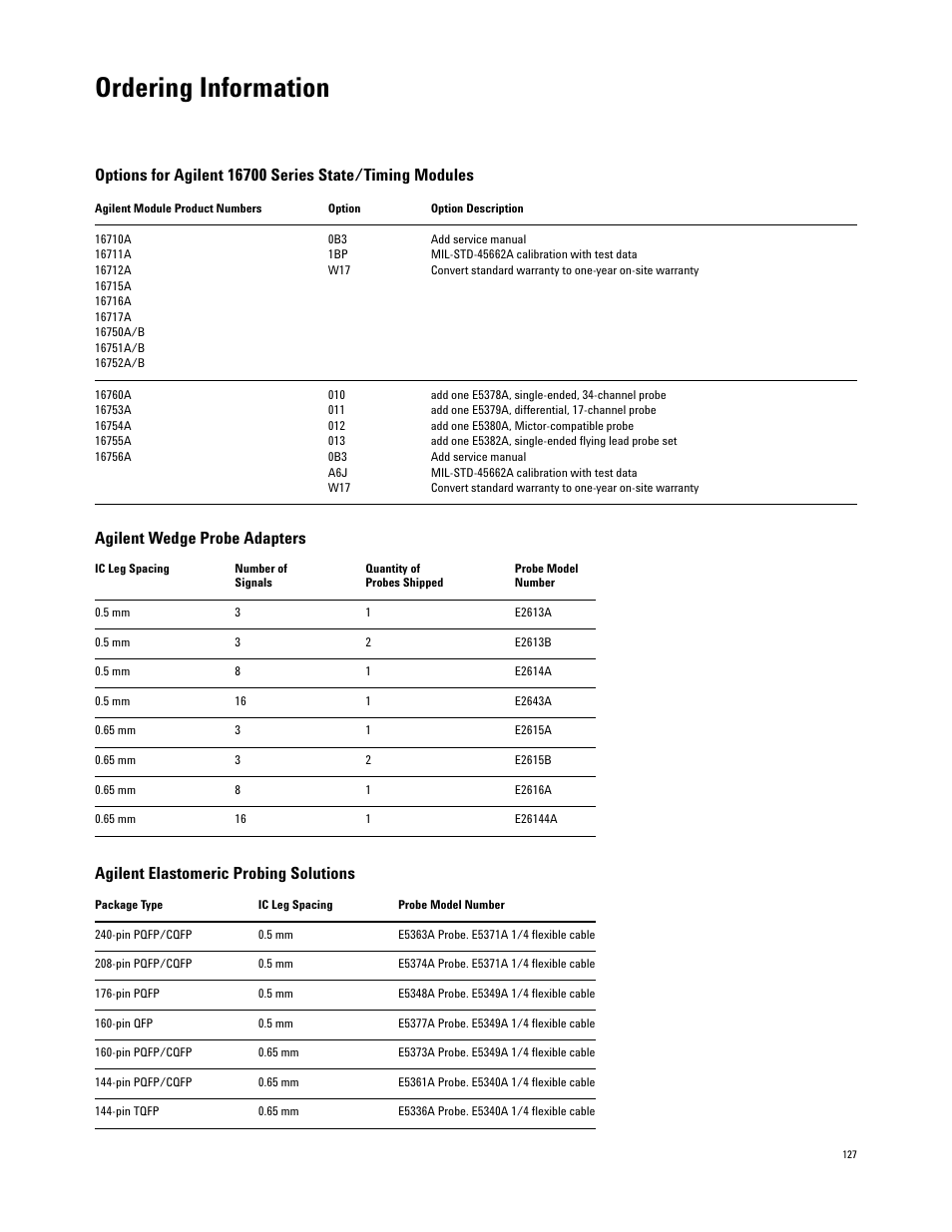 Ordering information, Agilent wedge probe adapters, Agilent elastomeric probing solutions | Atec Agilent-16700 Series User Manual | Page 127 / 132