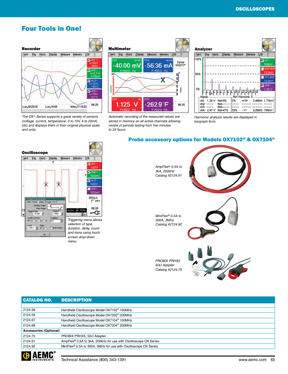 Four tools in one, Probe accessory options for models ox7102, Ox7104 | Oscilloscopes, Catalog no. description, Recorder oscilloscope, Multimeter analyzer | Atec Aemc-OX-7202-7204 User Manual | Page 2 / 7