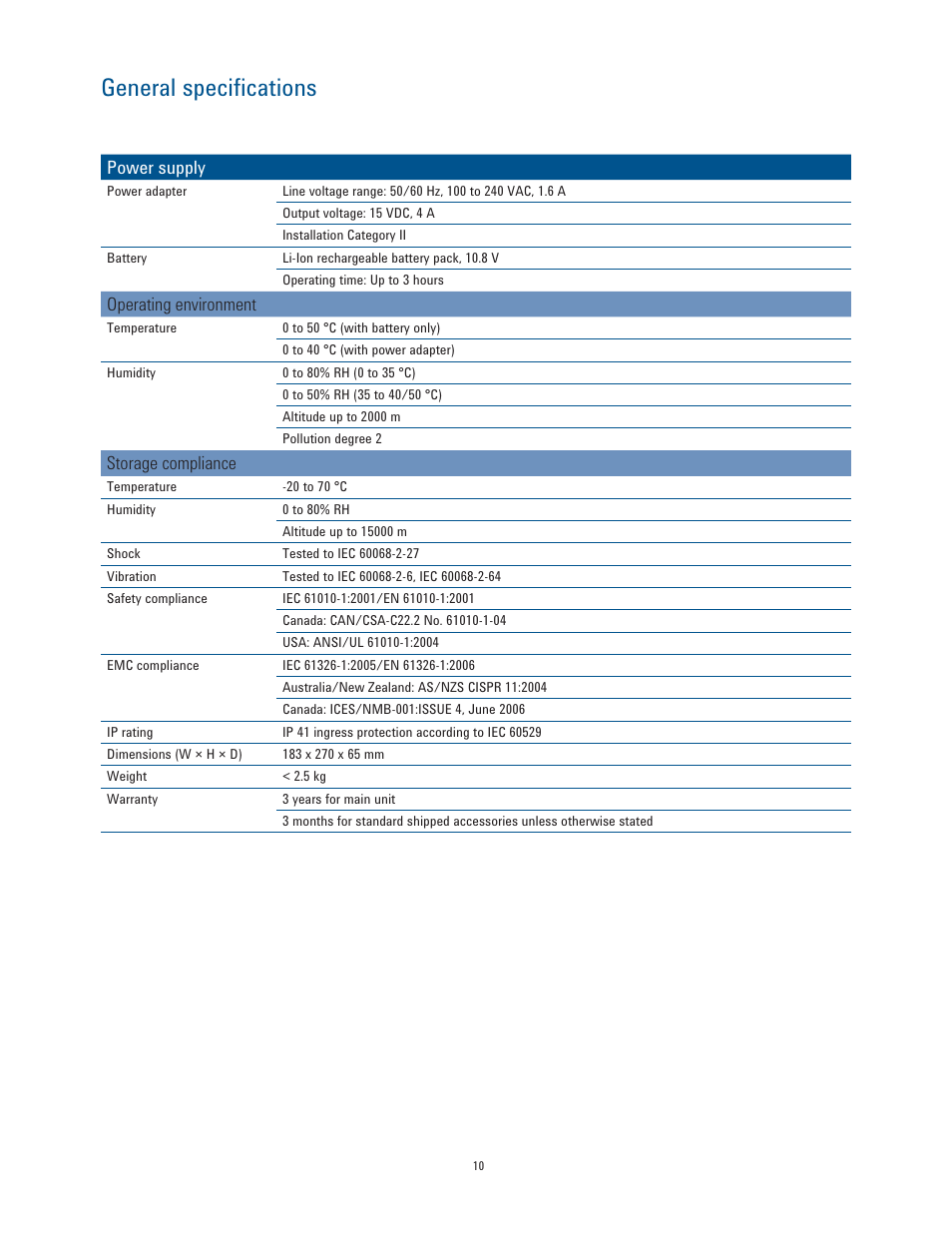 General specifications, Power supply, Operating environment | Storage compliance | Atec Agilent-U1610A-U1620A User Manual | Page 10 / 12