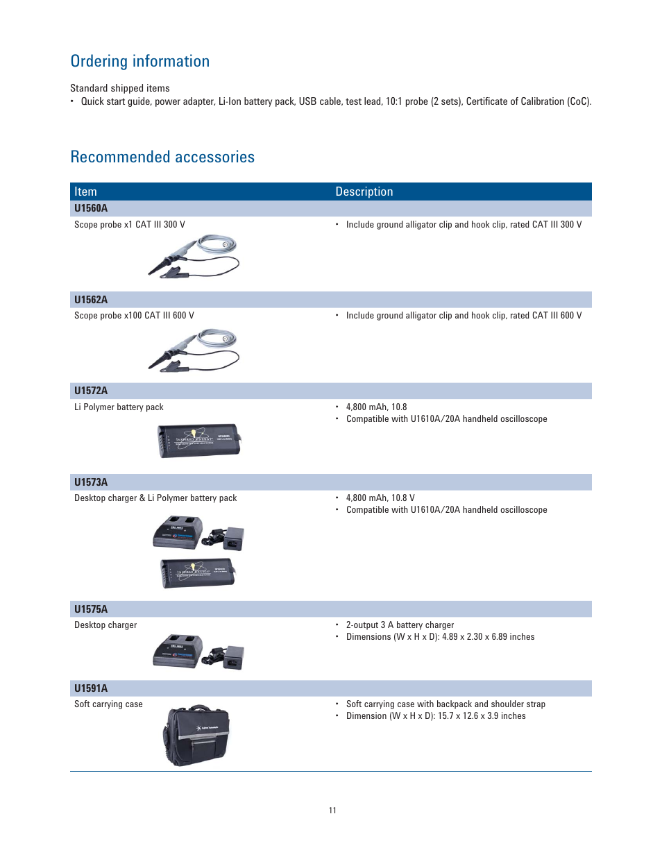 Recommended accessories, Ordering information | Atec Agilent-U1610A-U1620A User Manual | Page 11 / 12