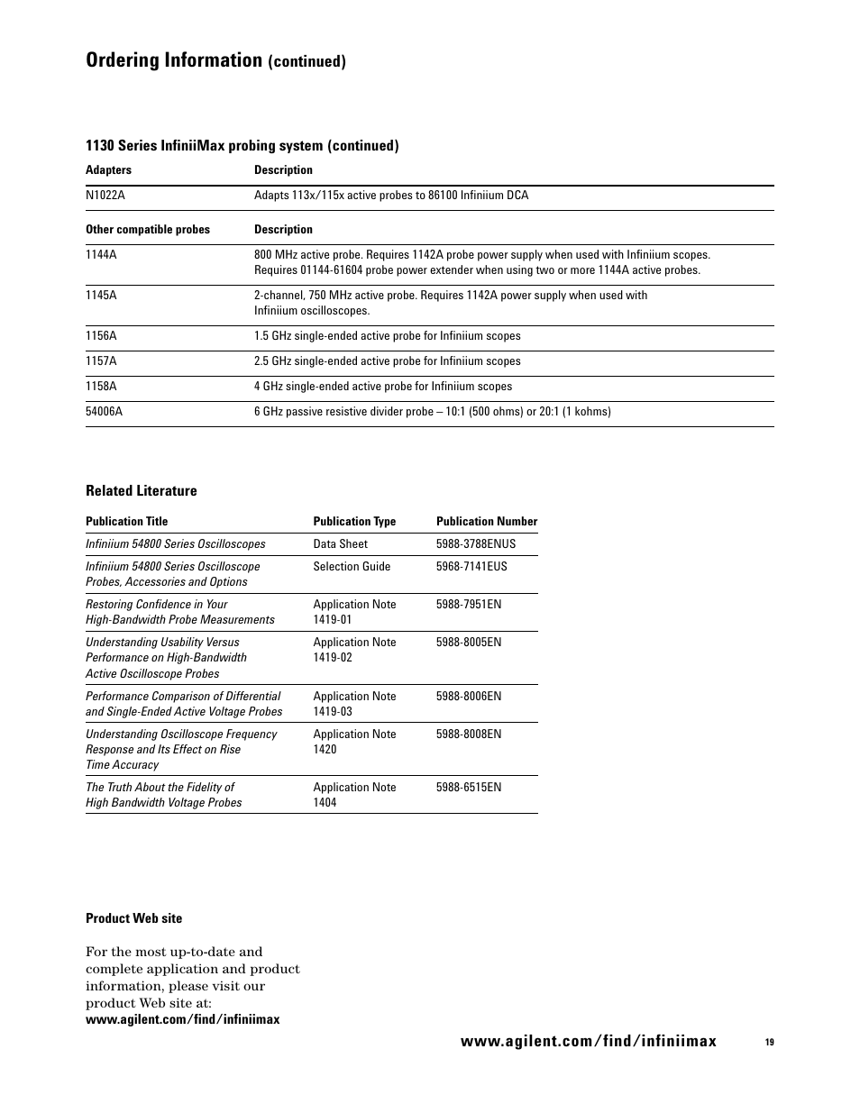 Related literature, Ordering information, Continued) | Atec Agilent-54855A User Manual | Page 19 / 20