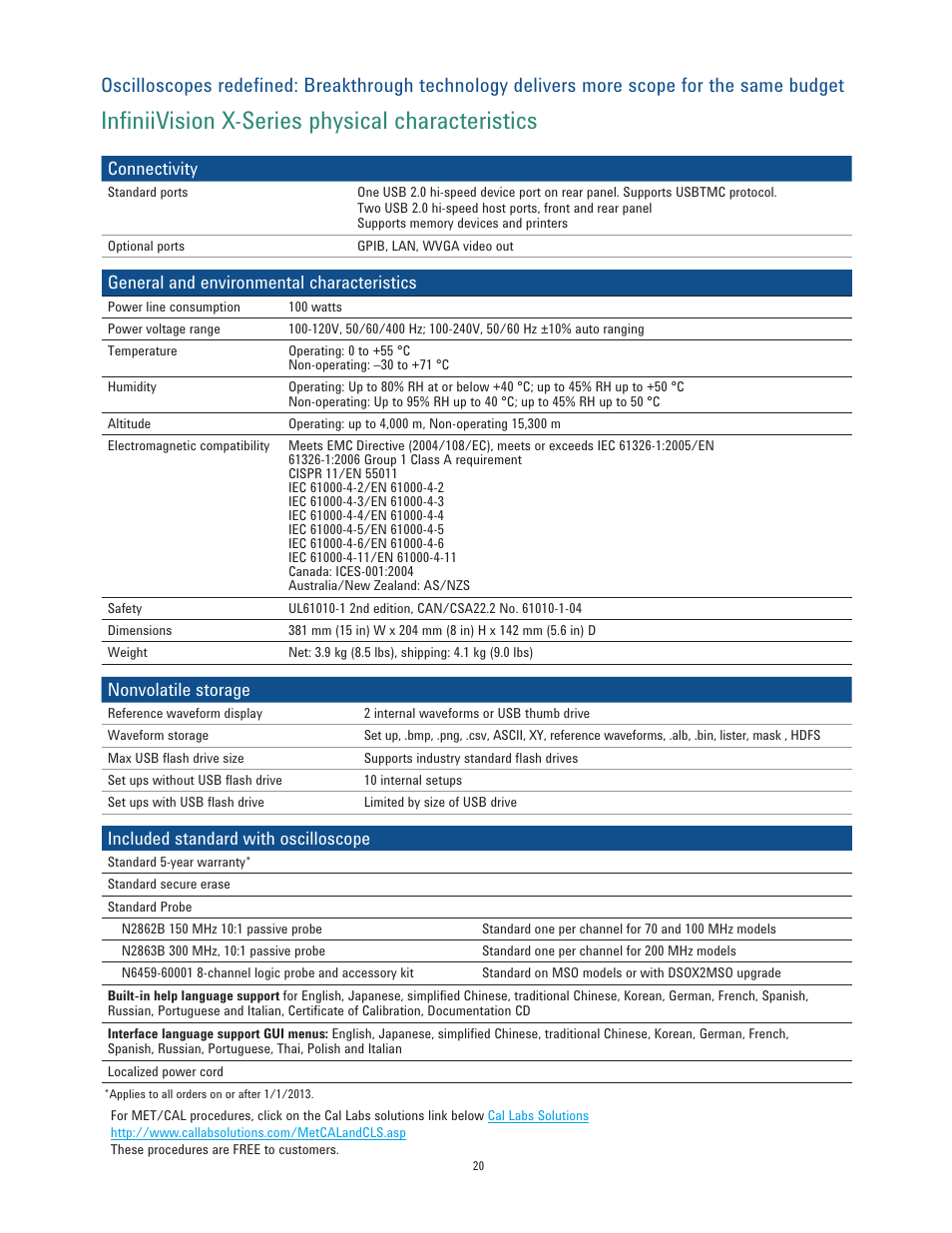 Infiniivision x-series physical characteristics, Connectivity, General and environmental characteristics | Nonvolatile storage, Included standard with oscilloscope | Atec Agilent-2000-X Series User Manual | Page 20 / 23