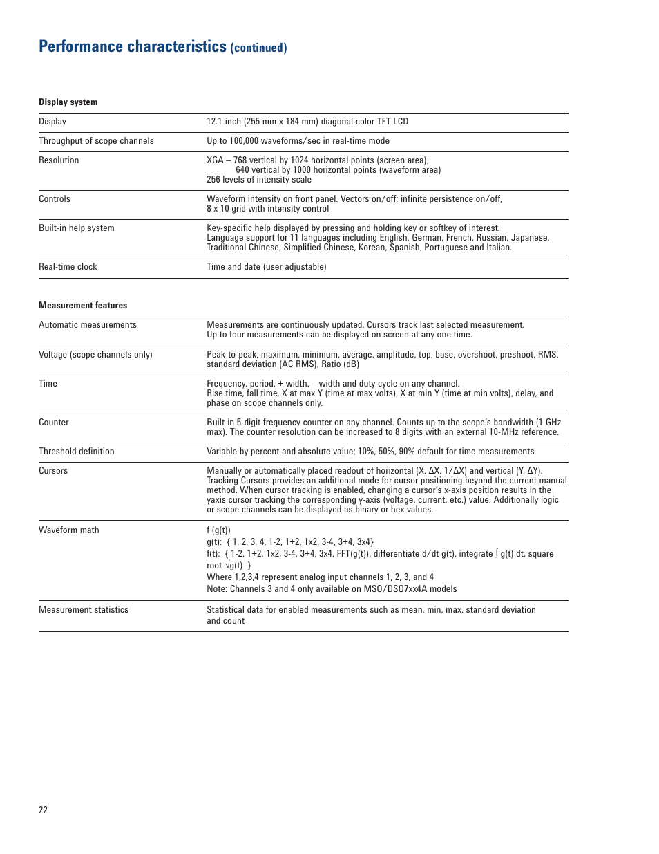 Performance characteristics, Continued) | Atec Agilent-7000A Series User Manual | Page 22 / 28