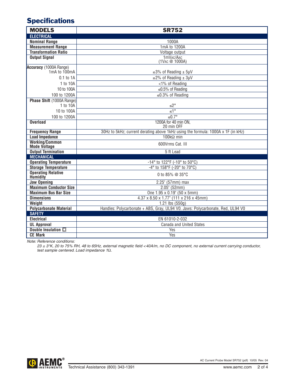 Specifications | Atec AEMC-SR752 User Manual | Page 2 / 4