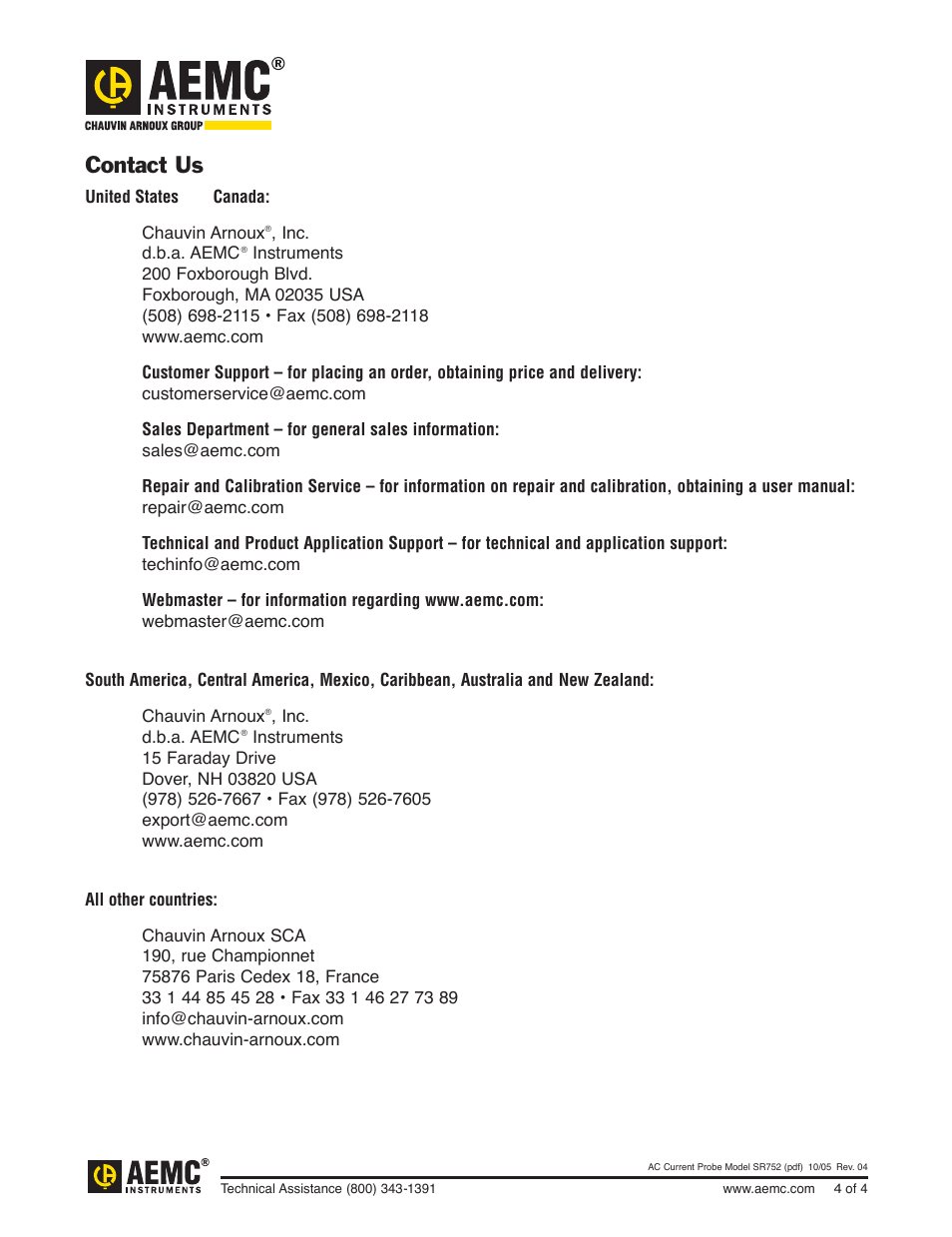 Contact us | Atec AEMC-SR752 User Manual | Page 4 / 4