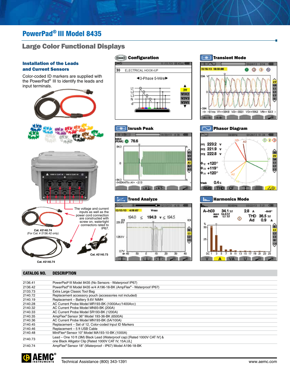 Powerpad, Iii model 8435, Large color functional displays | Configuration, Installation of the leads and current sensors | Atec AEMC-8435 User Manual | Page 2 / 2