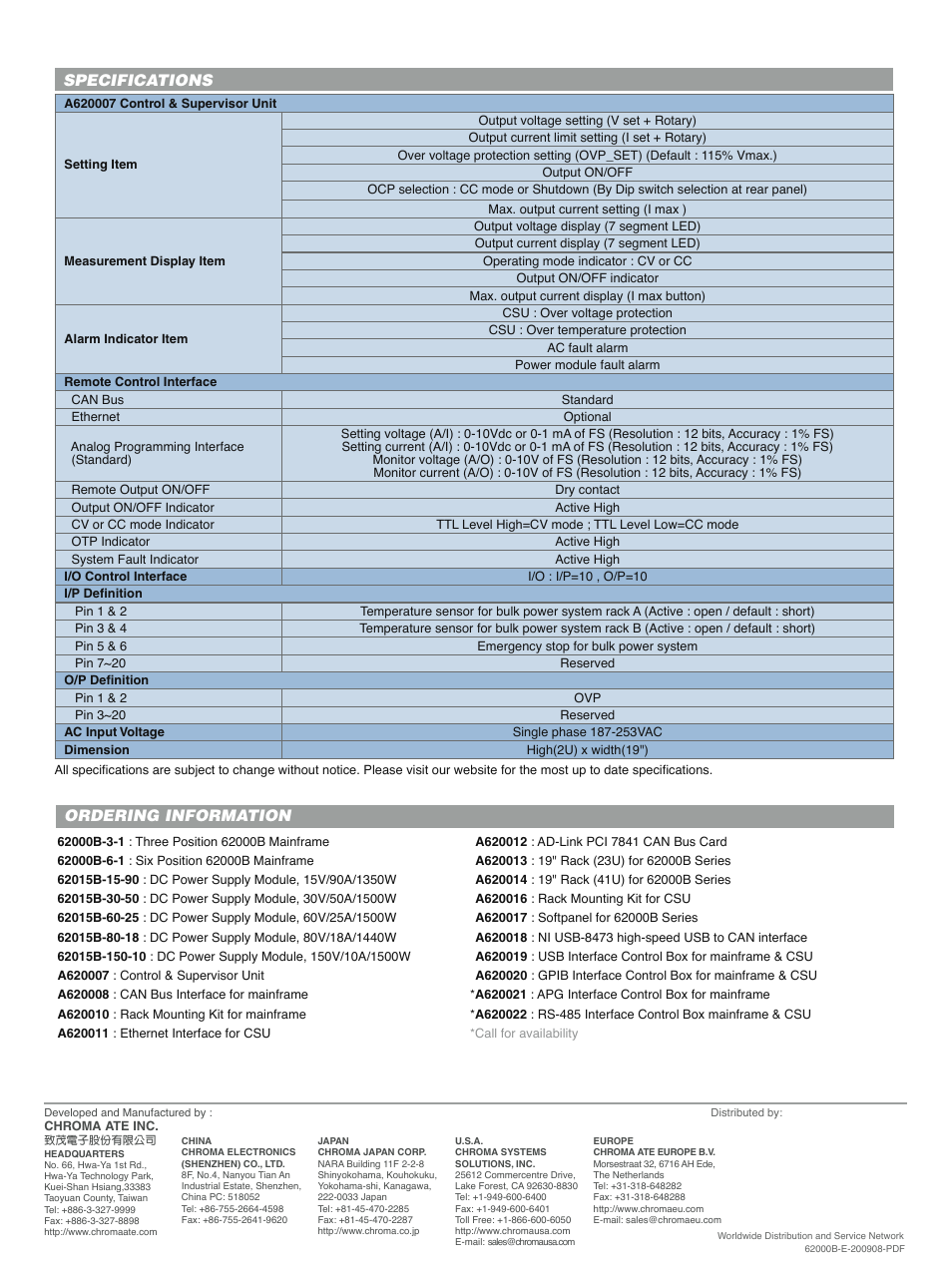 Specifications, Ordering information | Atec Chroma-62015B Series User Manual | Page 6 / 6