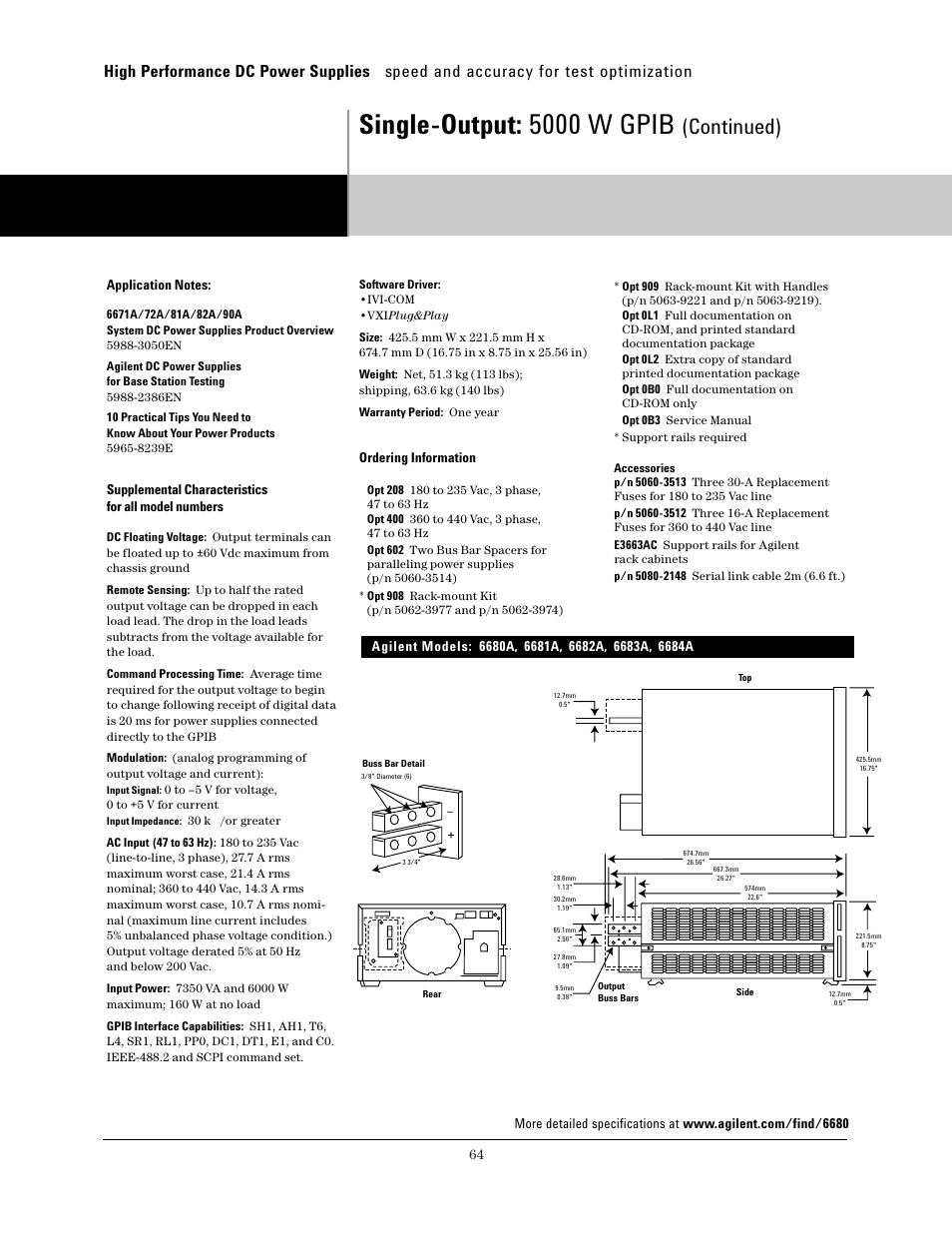 Single-output: 5000 w gpib, Continued), Supplemental characteristics for all model numbers | Ordering information | Atec Agilent-6680 Series User Manual | Page 2 / 3