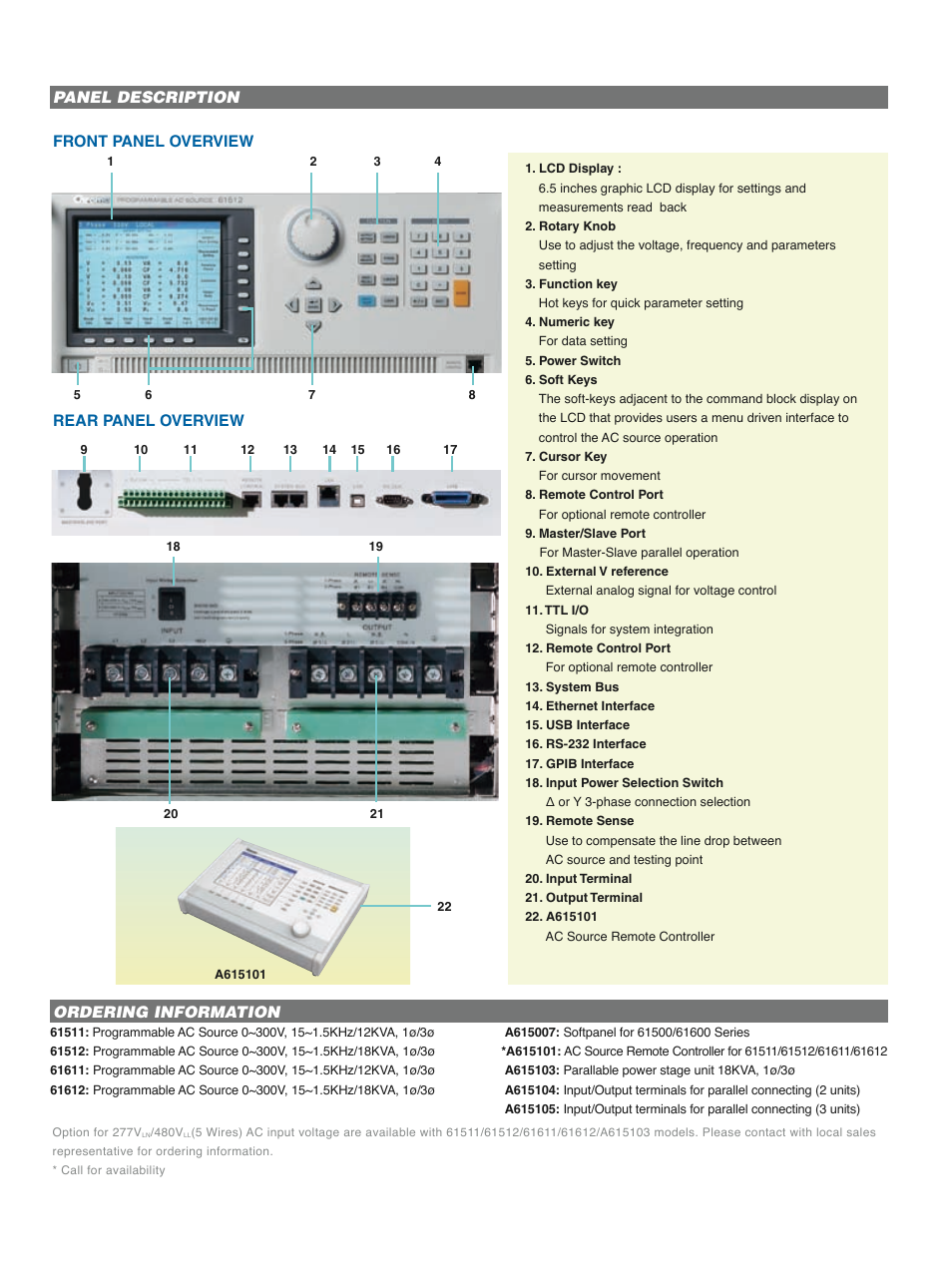 Panel description, Front panel overview ordering information, Rear panel overview | Atec Chroma-61511-12-61611-12 User Manual | Page 5 / 6