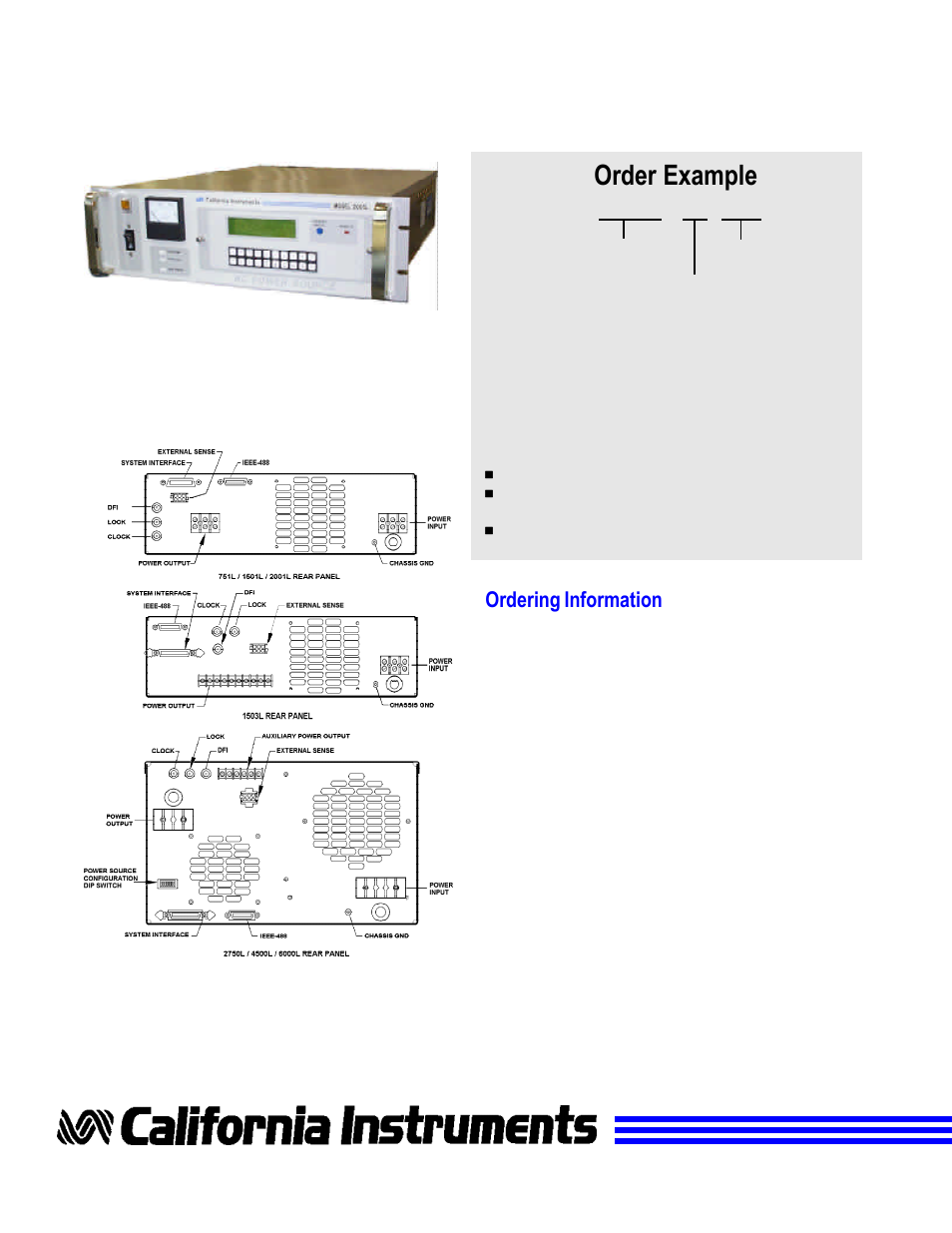 Mechanical specifications, Rear panels, Ordering information | Order example | Atec California-Instruments-6000L User Manual | Page 6 / 6