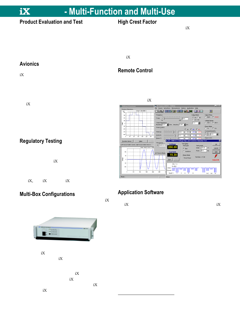 Product evaluation and test, Avionics, Regulatory testing | Multi-box configurations, High crest factor, Remote control, Application software, Ix series - multi-function and multi-use | Atec California-Instruments-15001iX User Manual | Page 2 / 7