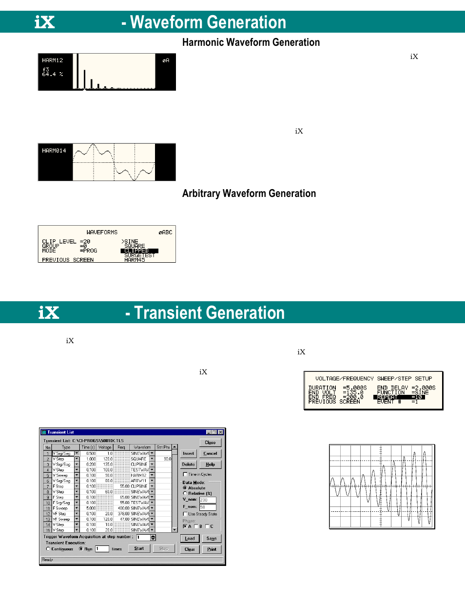 Waveform generation, Harmonic waveform generation, Arbitrary waveform generation | Transient generation | Atec California-Instruments-15001iX User Manual | Page 3 / 7