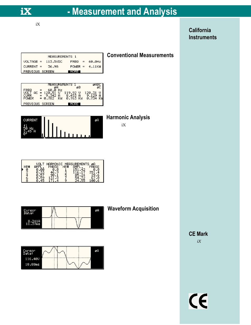 Measurement and analysis, Conventional measurements, Harmonic analysis | Waveform acquisition, Ix series - measurement and analysis, California instruments, Ce mark | Atec California-Instruments-15001iX User Manual | Page 4 / 7