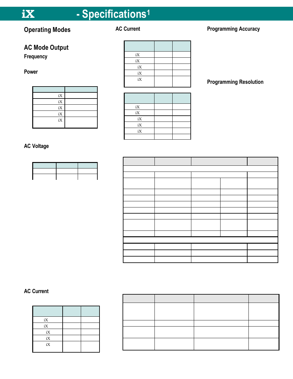 Specifications, Operating modes, Ac mode output | Measurements, Harmonics measurements, Ix series - specifications, Frequency, Power, Ac voltage, Ac current | Atec California-Instruments-15001iX User Manual | Page 5 / 7