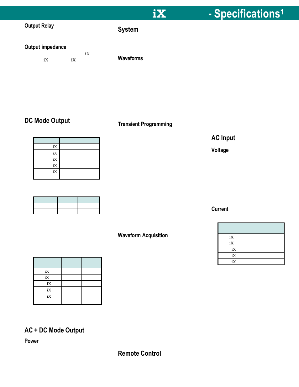 Dc mode output, Ac + dc mode output, Ac input | System, Ix series - specifications, Remote control, Output relay, Output impedance, Power, Waveforms | Atec California-Instruments-15001iX User Manual | Page 6 / 7