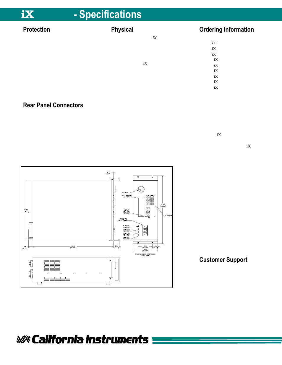 Protection, Rear panel connectors, Physical | Ordering information, Ix series - specifications, Customer support | Atec California-Instruments-15001iX User Manual | Page 7 / 7